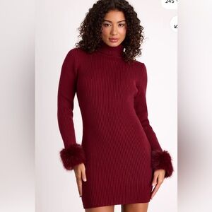 Lulu's Burgundy Ribbed Turtleneck Dress with Faux Fur Cuffs